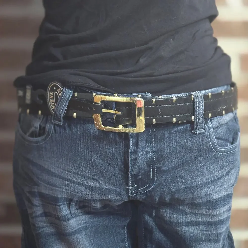 Steve Madden Y2K Black Leather Studded Belt Gold Buckle